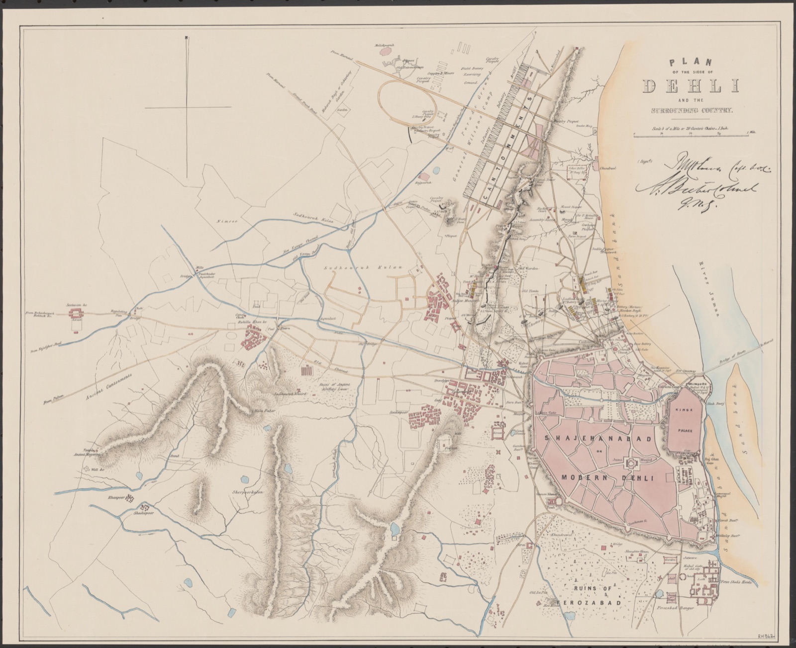 Contemporary 1857 plan of the British siege of Delhi, showing the city walls, the Ridge and the British camp.