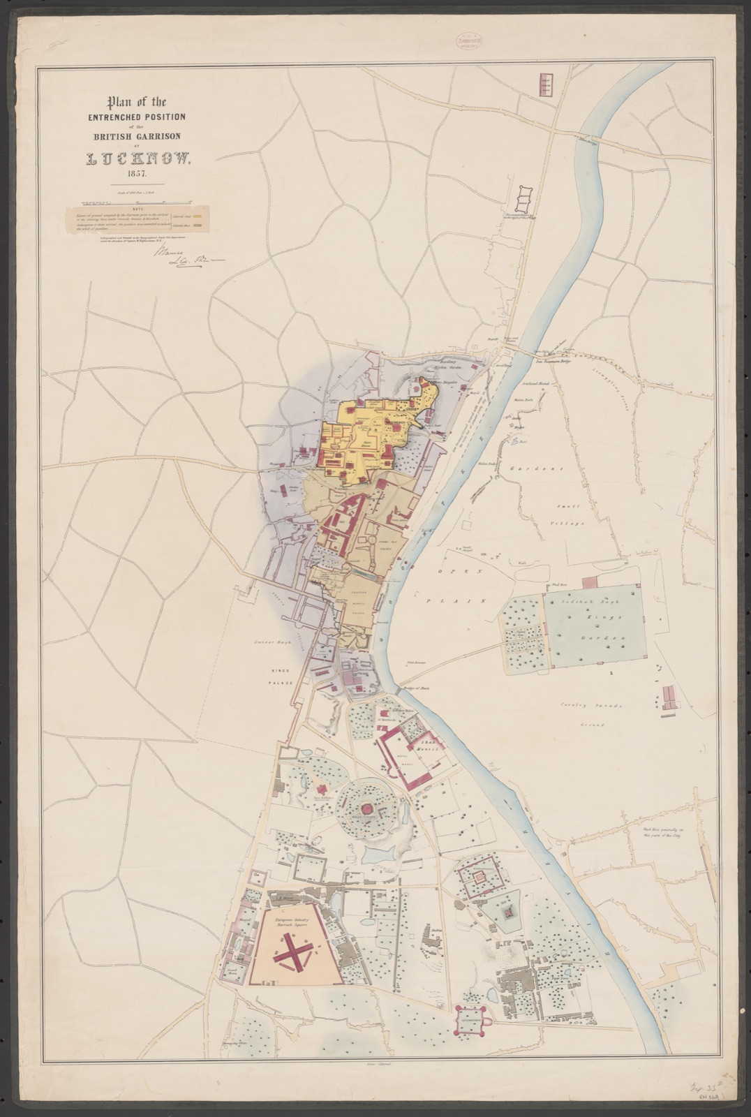 1857 plan of the entrenched British position at Lucknow, centred on the Residency.
