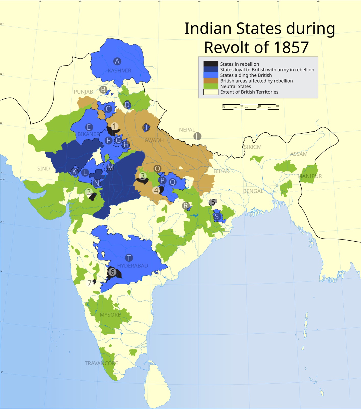 Map of India showing which princely states rebelled in 1857 and which helped the British.