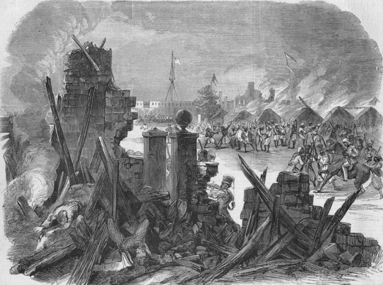 Period print of the sepoy revolt at Meerut.