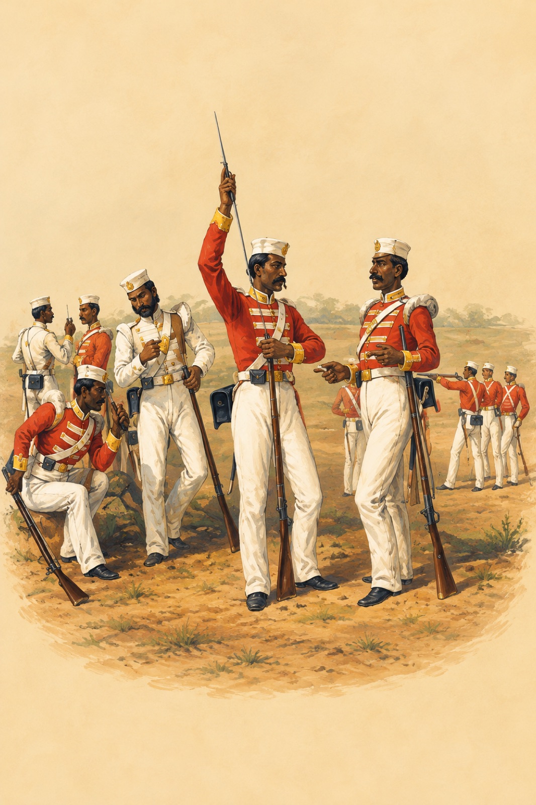 Colour plate of Indian sepoys in Company uniform firing rifles at a practice range, 1859. (illustration)