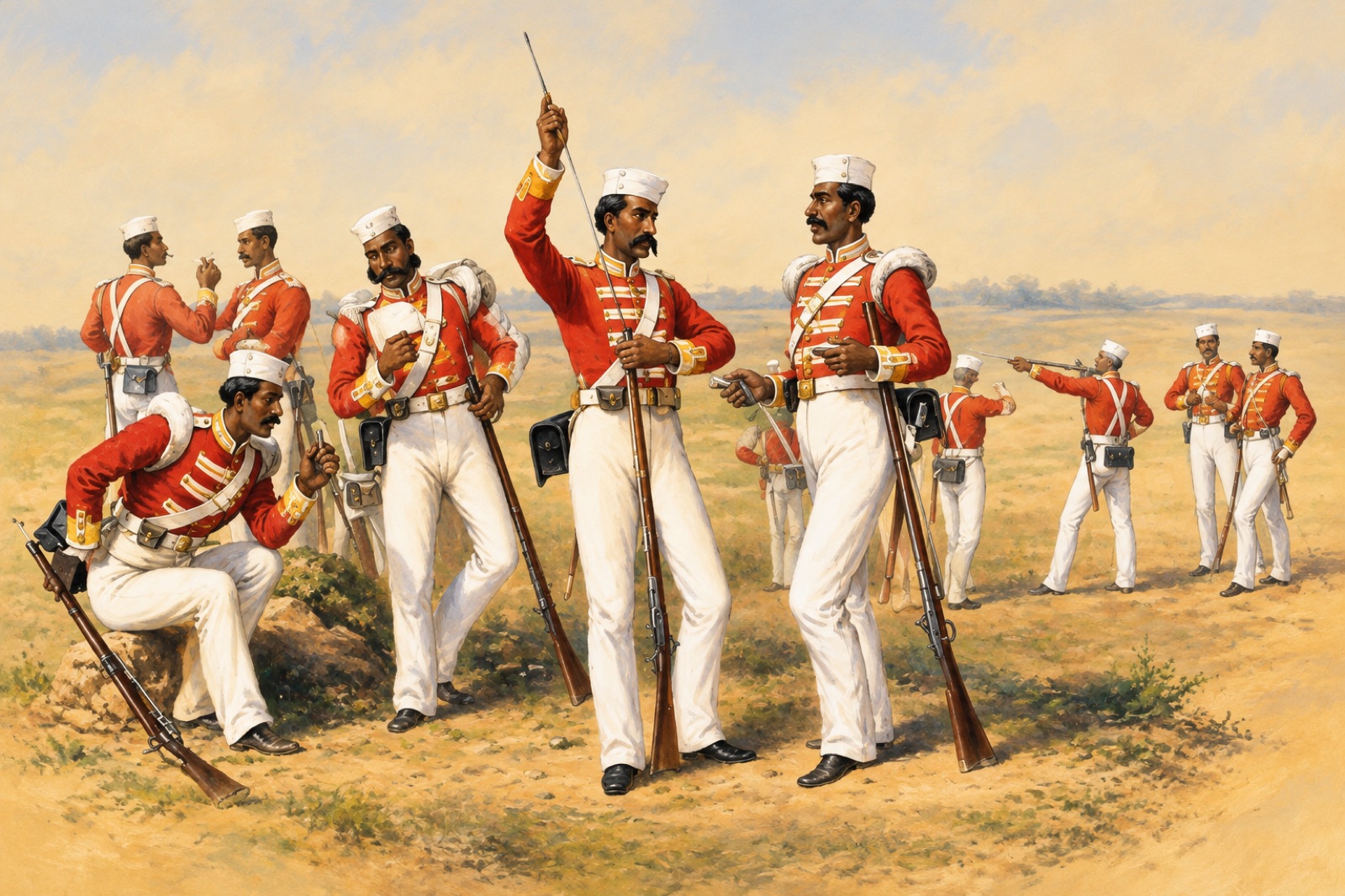 Print of a group of sepoys in red coats and Company uniform. (illustration)