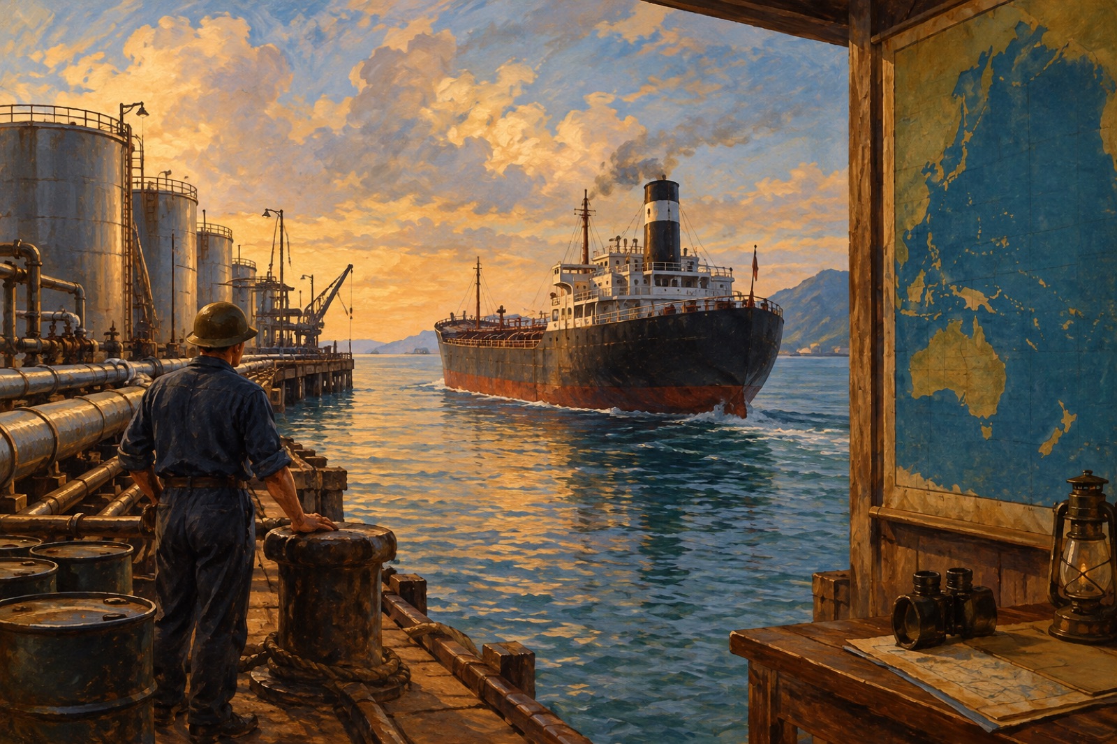 Stylised illustration of an oil tanker leaving a harbour, standing for the US oil embargo on Japan in August 1941 (illustration)
