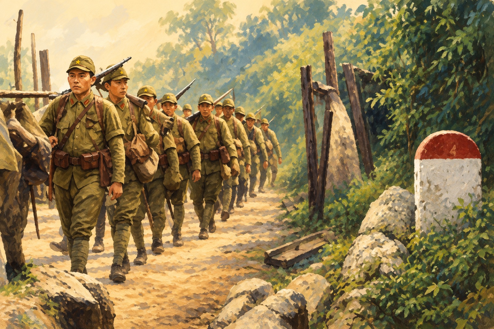Japanese army soldiers of the 5th Division advancing at Đồng Đăng, Indochina, 1940 (illustration)