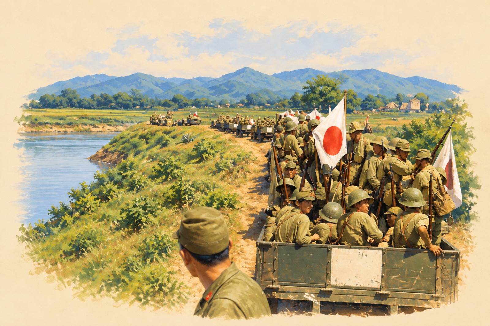 Japanese Imperial Army soldiers on the march towards Lang Son, September 1940 (illustration)
