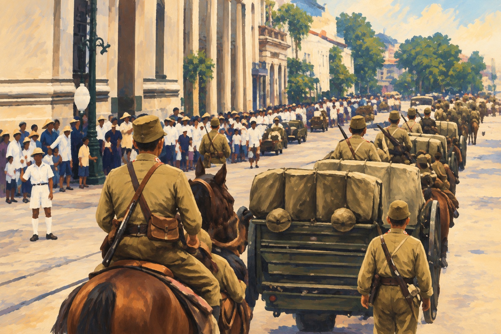 Japanese soldiers marching into Saigon in 1941 (illustration)