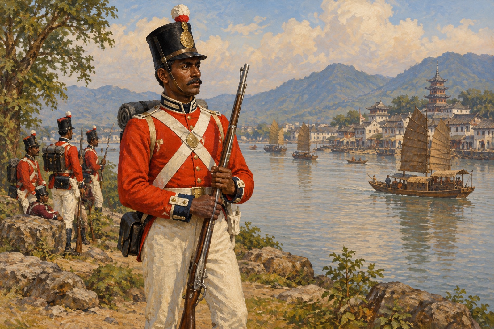 Painterly illustration of an 1840s sepoy of the Madras Native Infantry in uniform