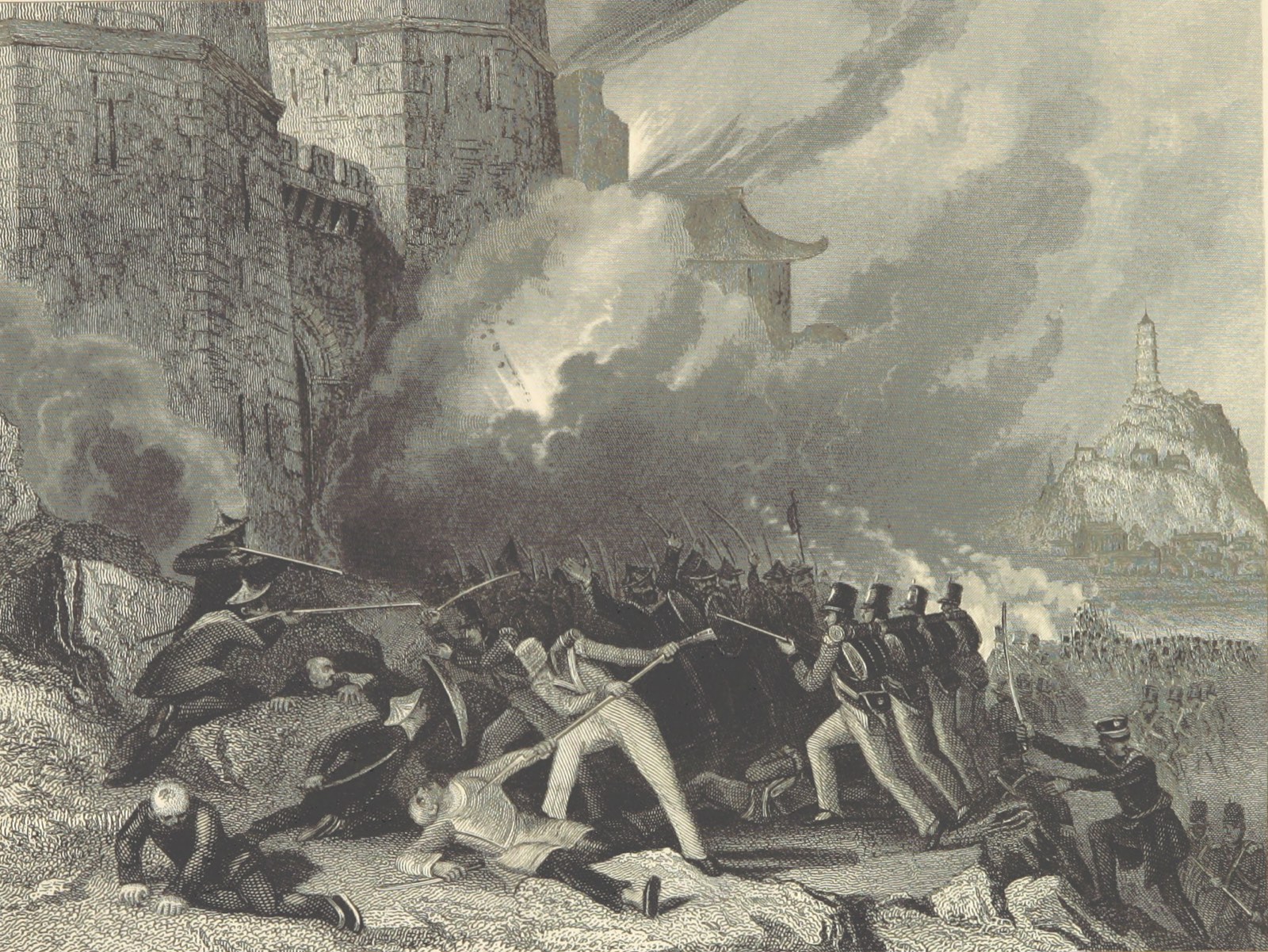 Engraving by Thomas Allom of British troops capturing Chin-Keang-Foo (Zhenjiang)