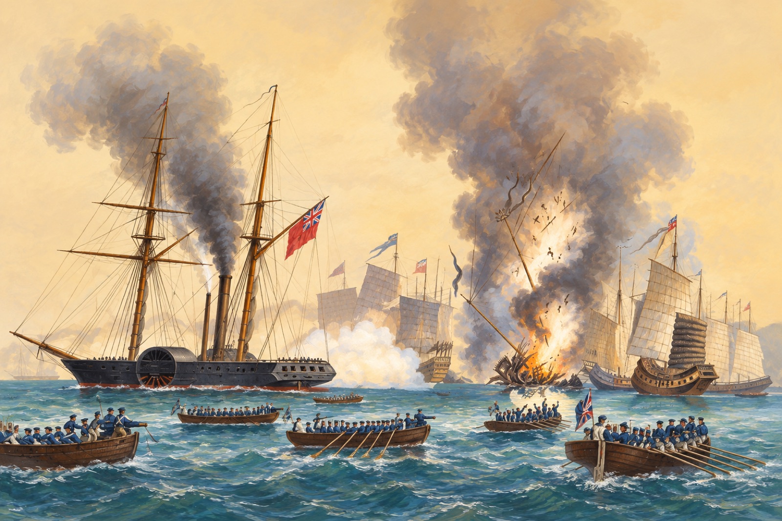 Engraving of the iron steamer Nemesis and ships' boats destroying Chinese war junks in Anson's Bay, 7 January 1841 (illustration)
