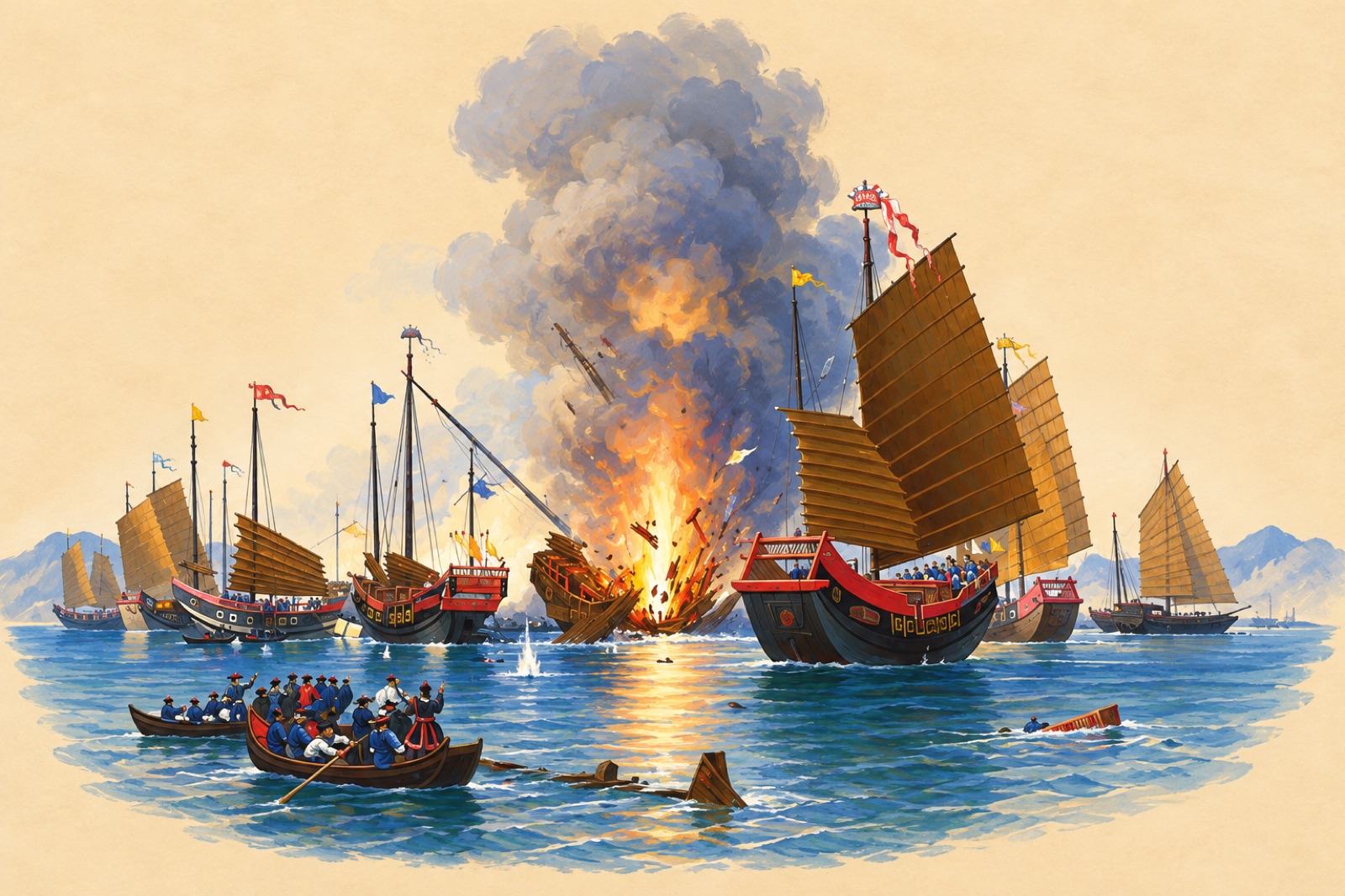 Hand-coloured print of Chinese war junks under fire from the steamer Nemesis in Anson's Bay, January 1841 (illustration)