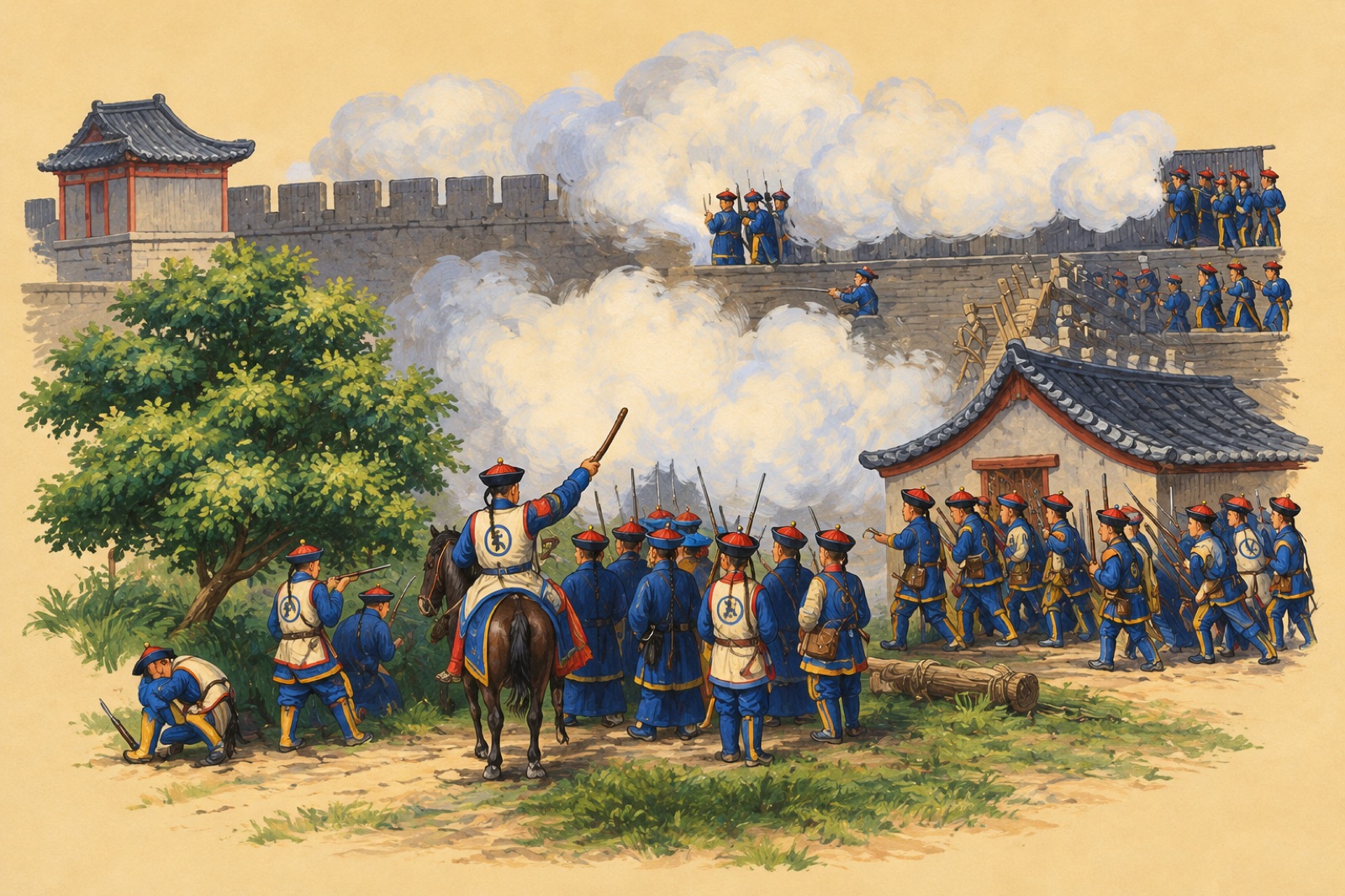 Wood engraving of Manchu Bannermen ('Tartars') rallying at Chin-keang-foo, 1842 (illustration)