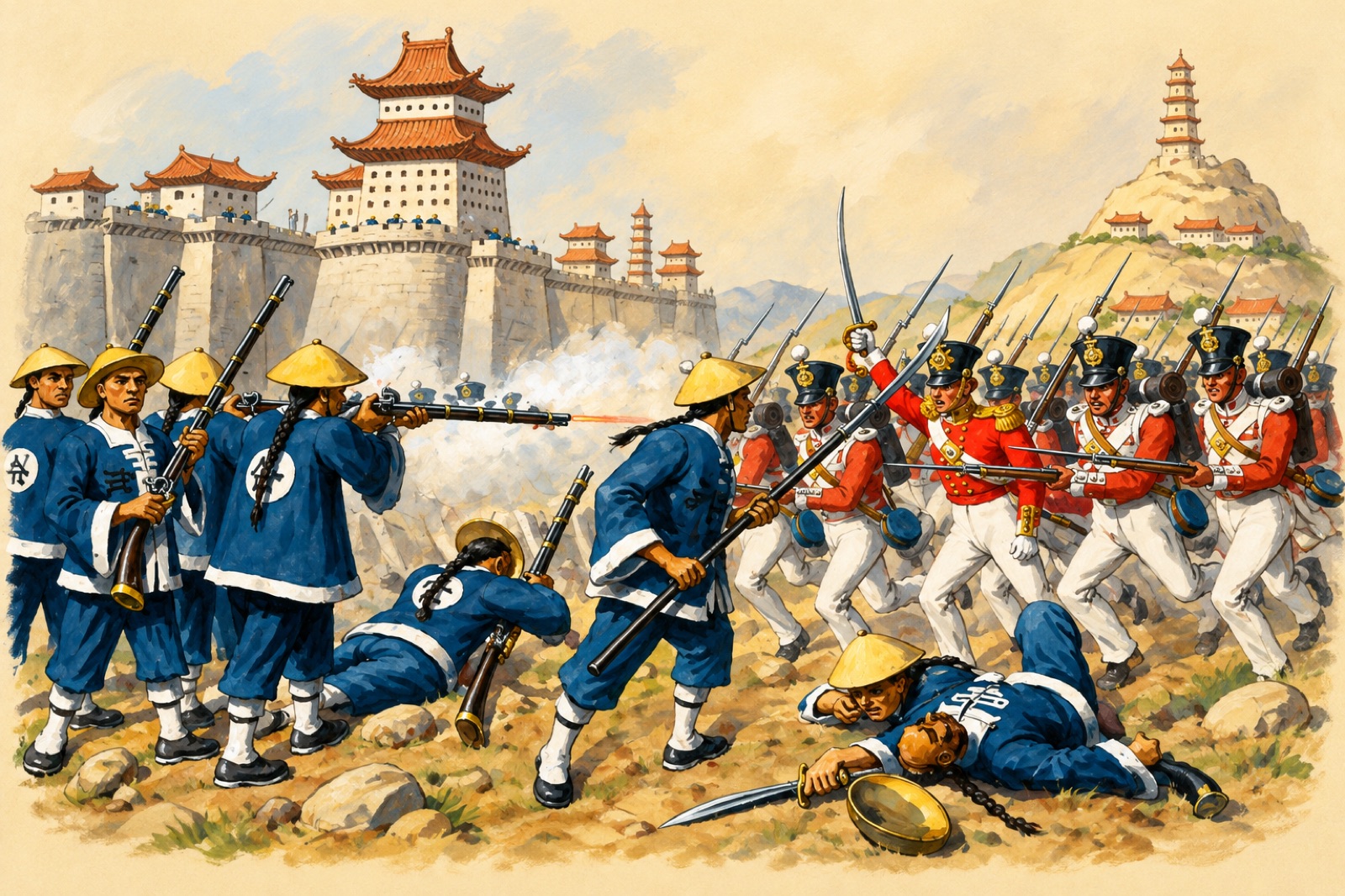 Painting by Richard Simkin of the 98th Regiment of Foot attacking Chin-Kiang-Foo on 21 July 1842 (illustration)
