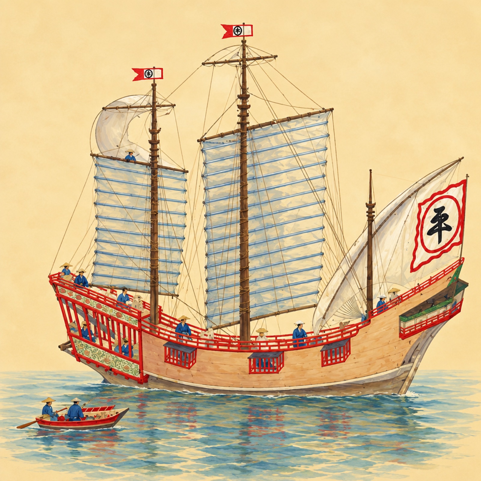 A 1634 painting of a Japanese red-seal ship with square and lateen sails. (illustration)