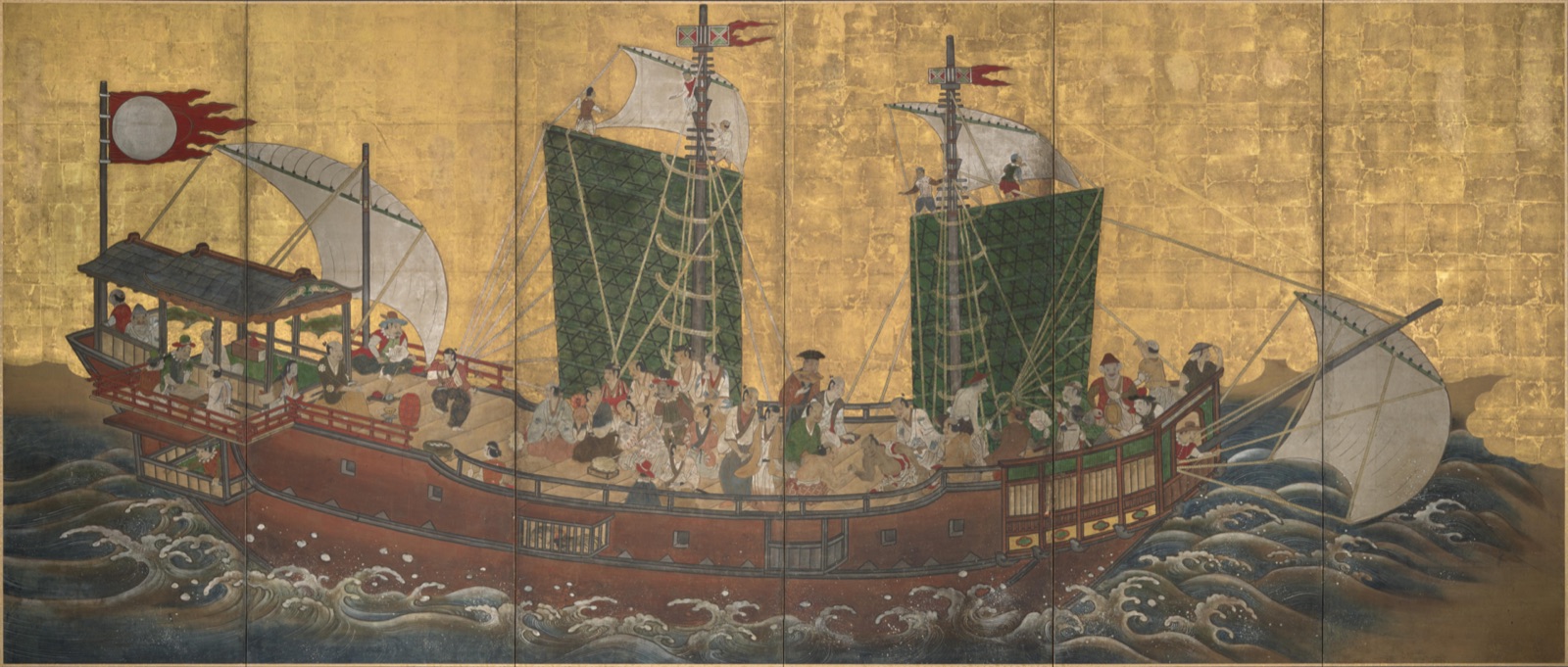 Detail of an early seventeenth-century screen showing a red-seal ship and sailors.