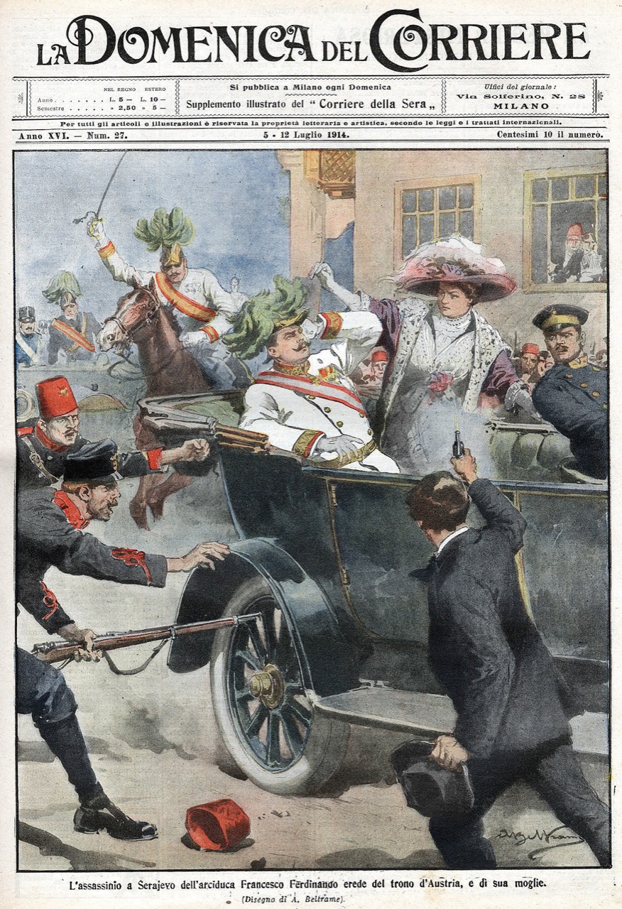 Illustrated Italian newspaper cover showing the assassination of Franz Ferdinand and Sophie