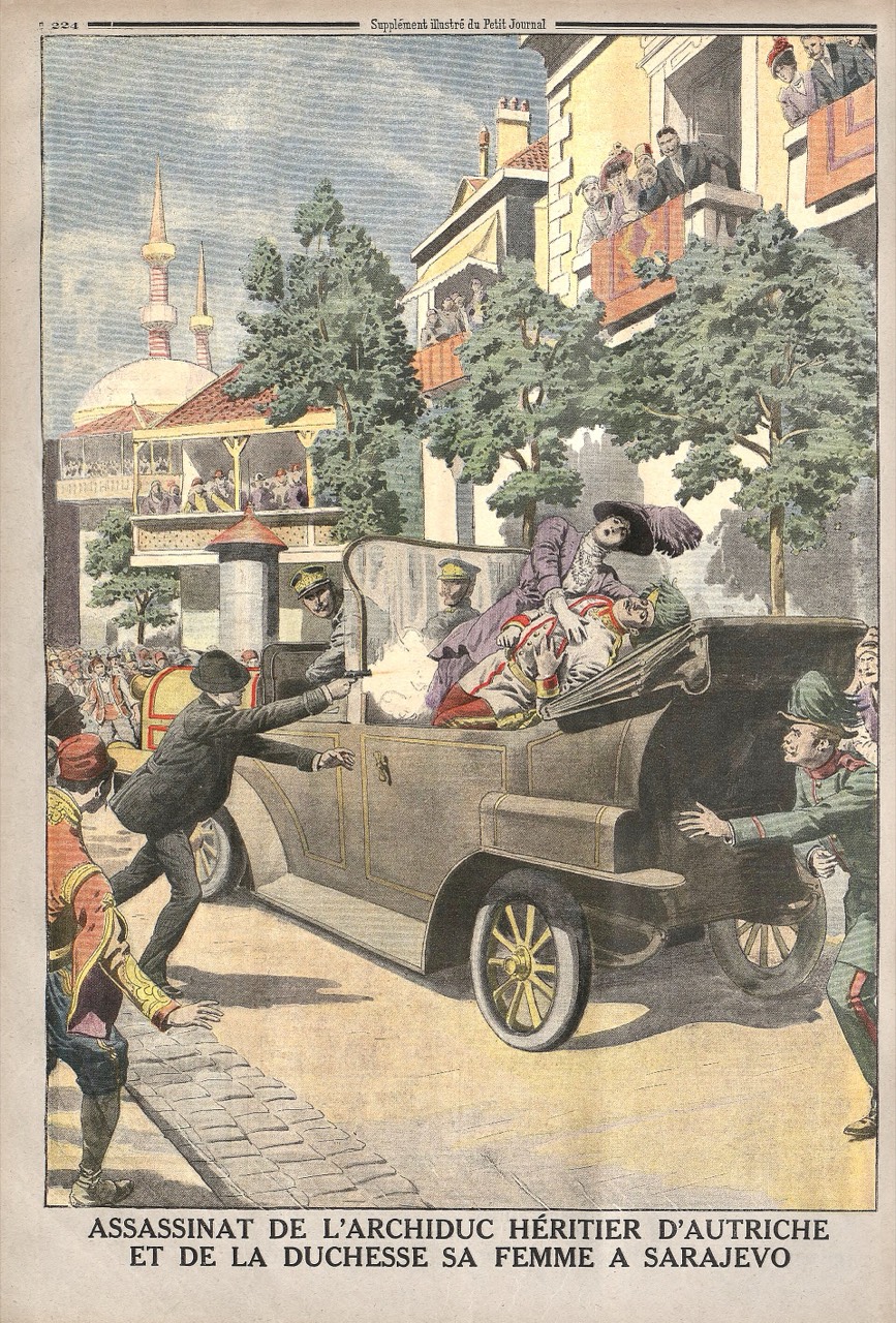 French illustrated supplement cover showing the shooting of the Archduke and his wife in Sarajevo
