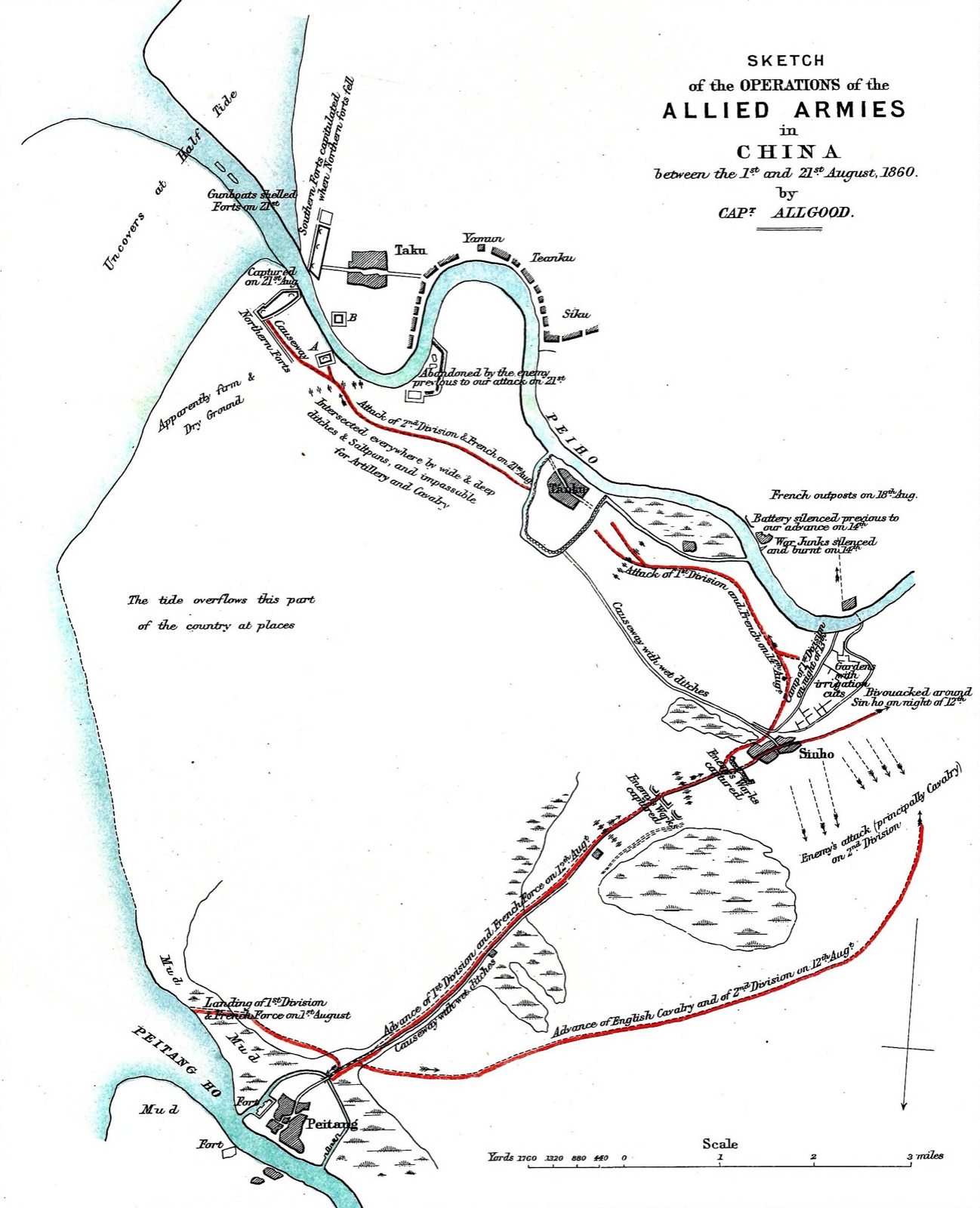 Sketch map of the operations of the allied armies around the Taku Forts, 1–21 August 1860.