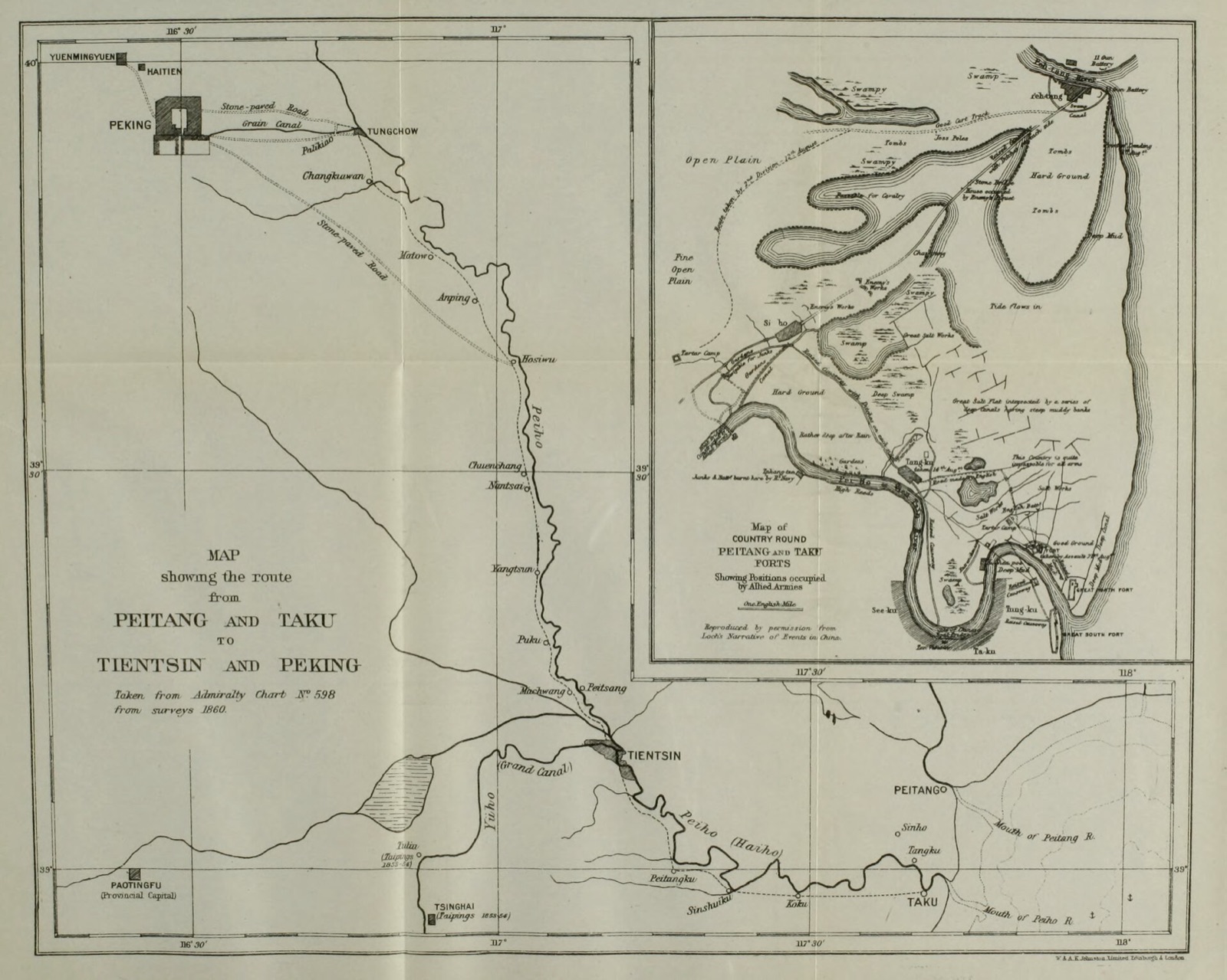 Map of the 1860 route from Peitang and Taku to Tientsin and Peking, with a second map of the country round Peitang and the Taku Forts showing the allied armies' positions.
