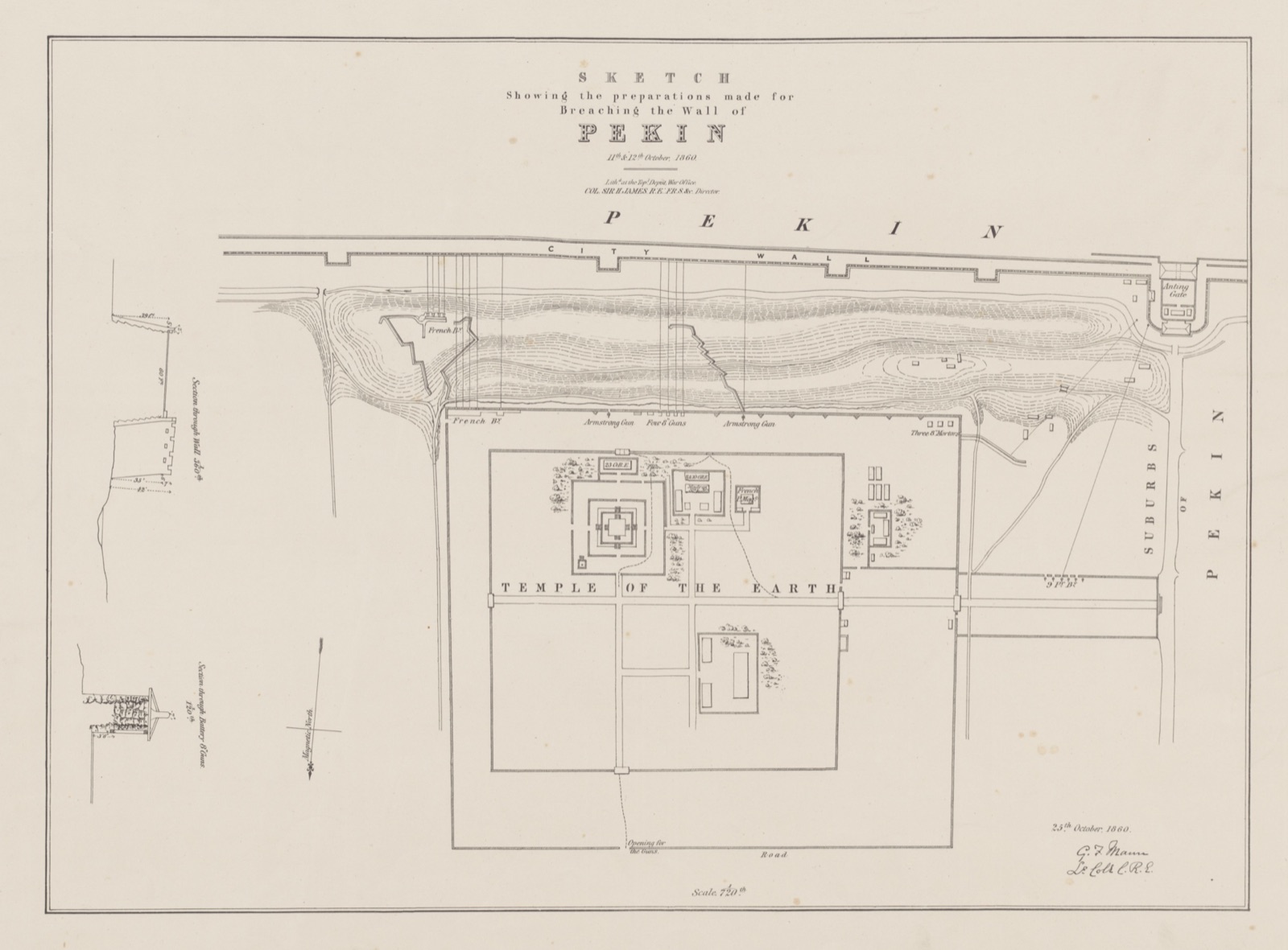 British War Office sketch map showing the preparations to breach the Peking city wall near the Temple of the Earth, 11–12 October 1860.