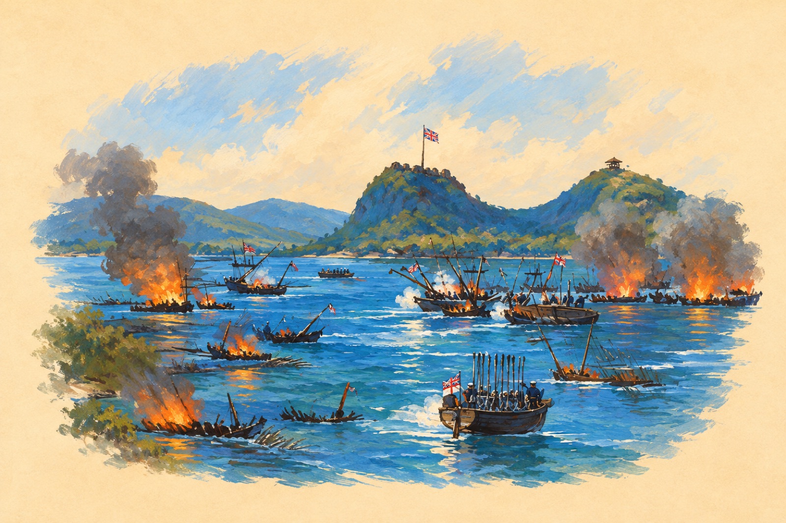 Period print of Royal Navy boats attacking Chinese war junks at Fatshan Creek in 1857. (illustration)
