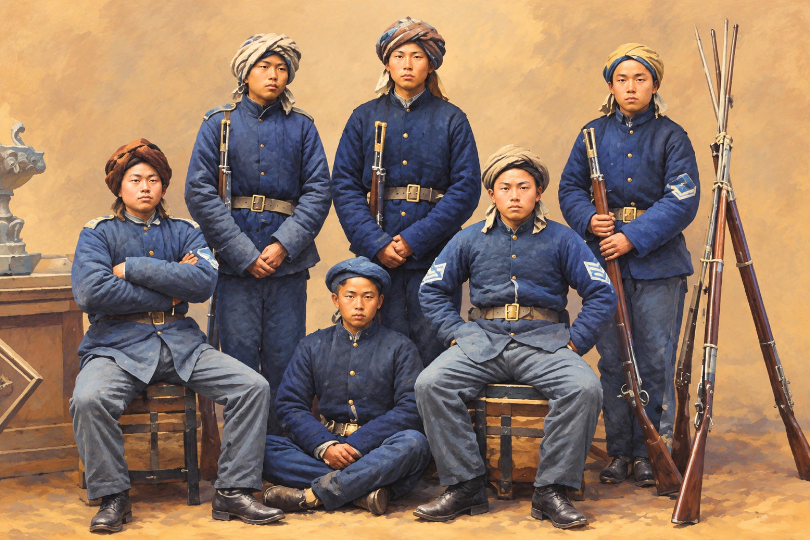 Photographie d'environ les années 1860 montrant des membres de l'Armée toujours victorieuse posant en uniforme. (illustration)