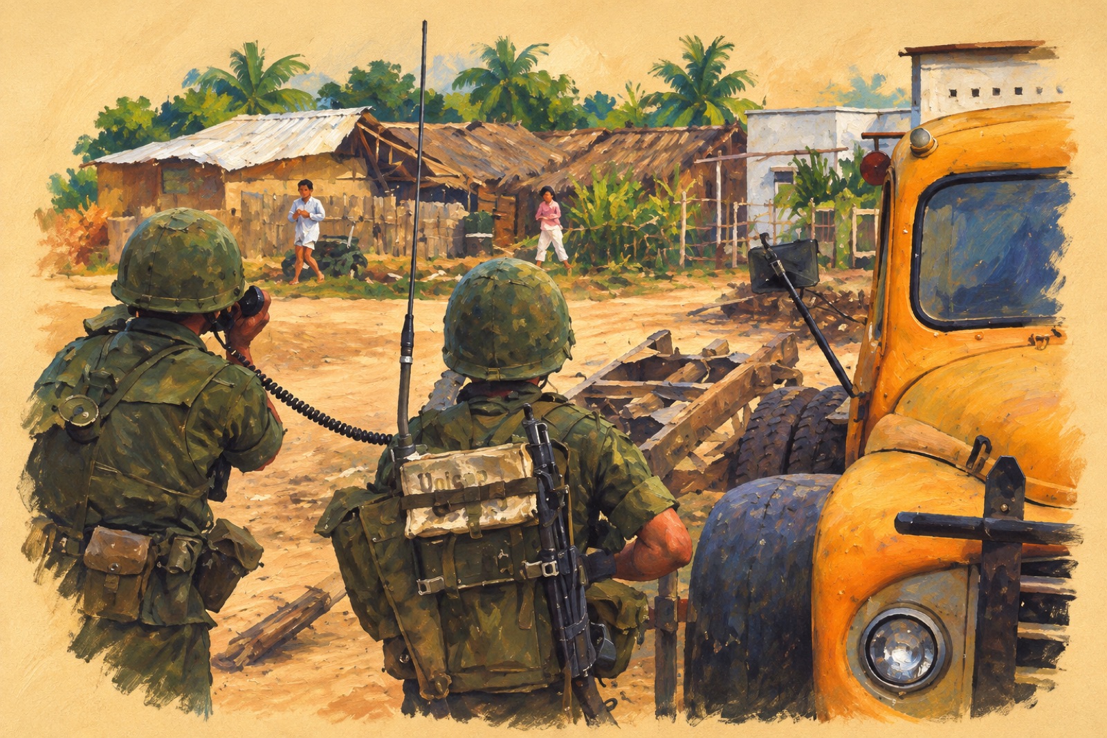 Ilustrasi Ranger Vietnam Selatan bergerak maju di dekat Saigon saat warga sipil melarikan diri selama Serangan Tet.