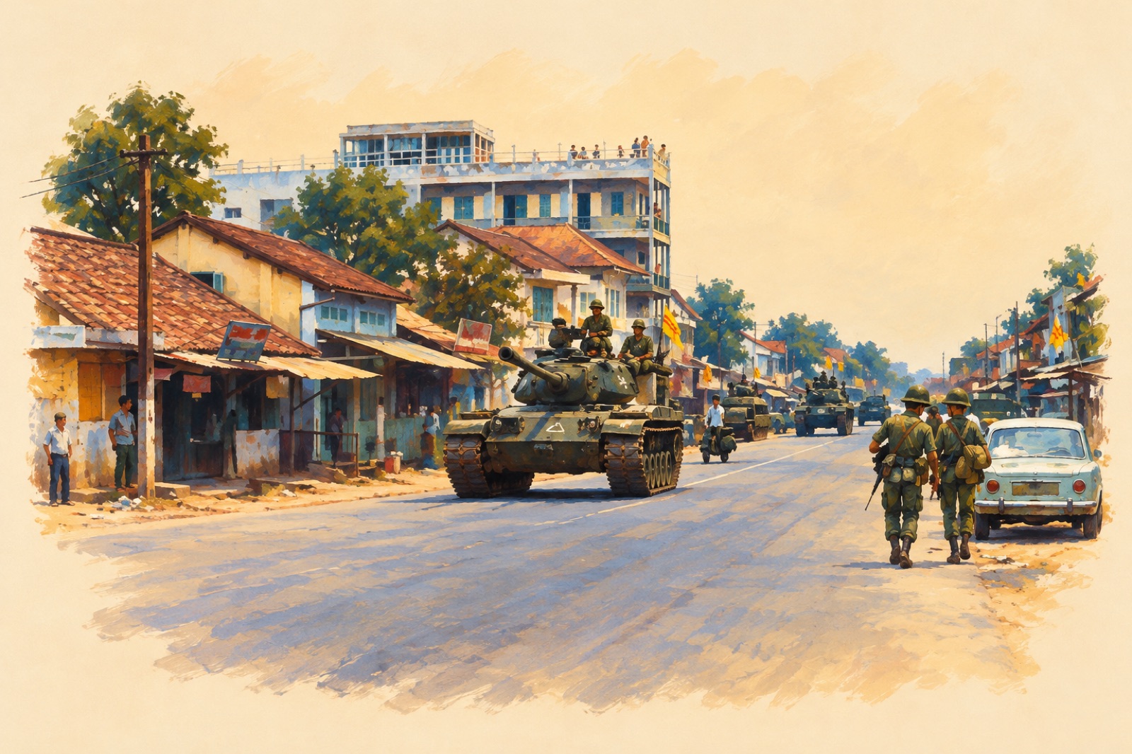 Ilustrasi pasukan Vietnam Selatan dan tank M41 dalam operasi pencarian dan pembersihan di Saigon pada 1 Februari 1968.