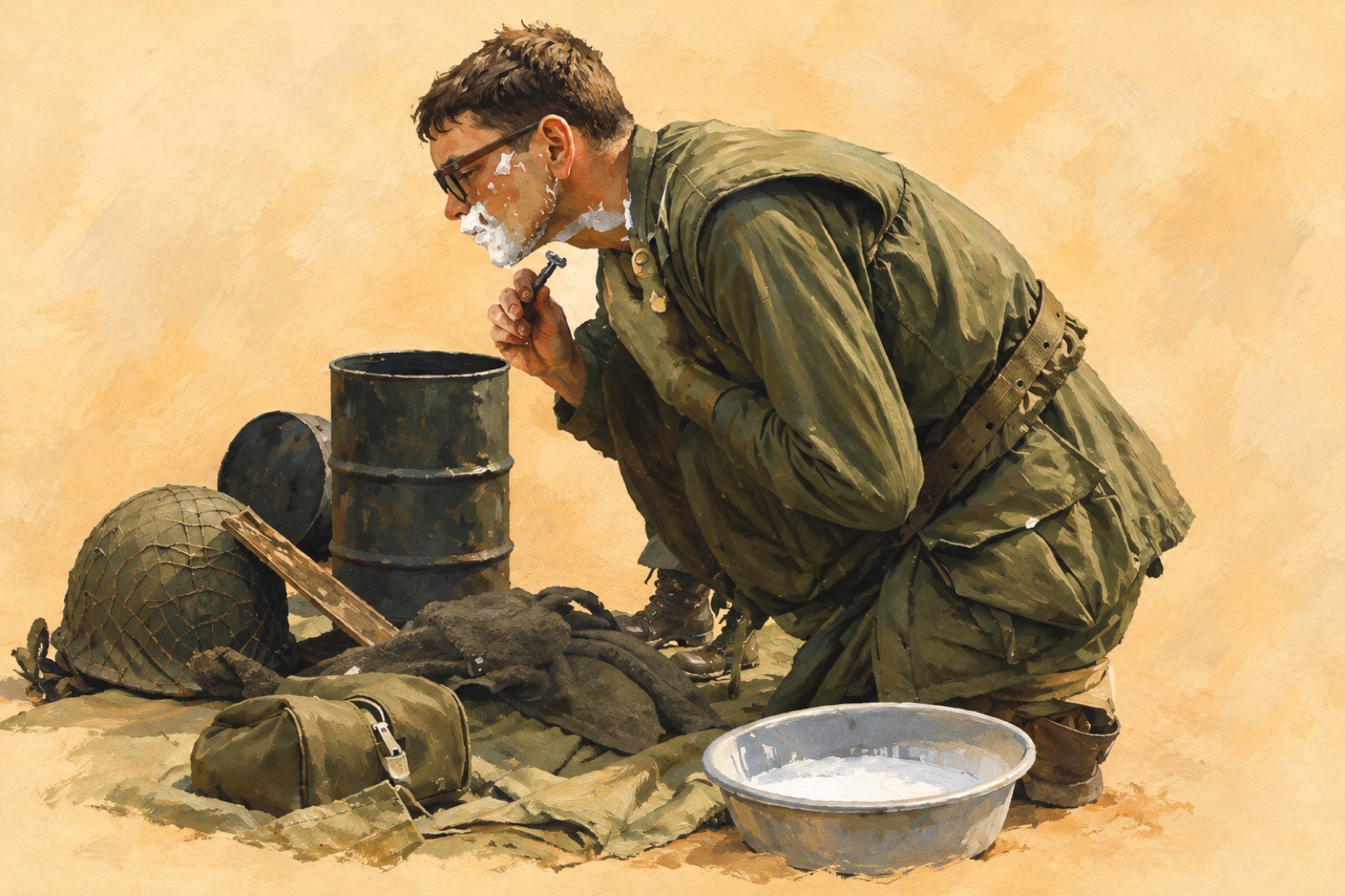Ilustrasi seorang Marinir AS dari Kompi B, Batalion Pengintaian ke-3, bercukur di Khe Sanh pada 26 Januari 1968.