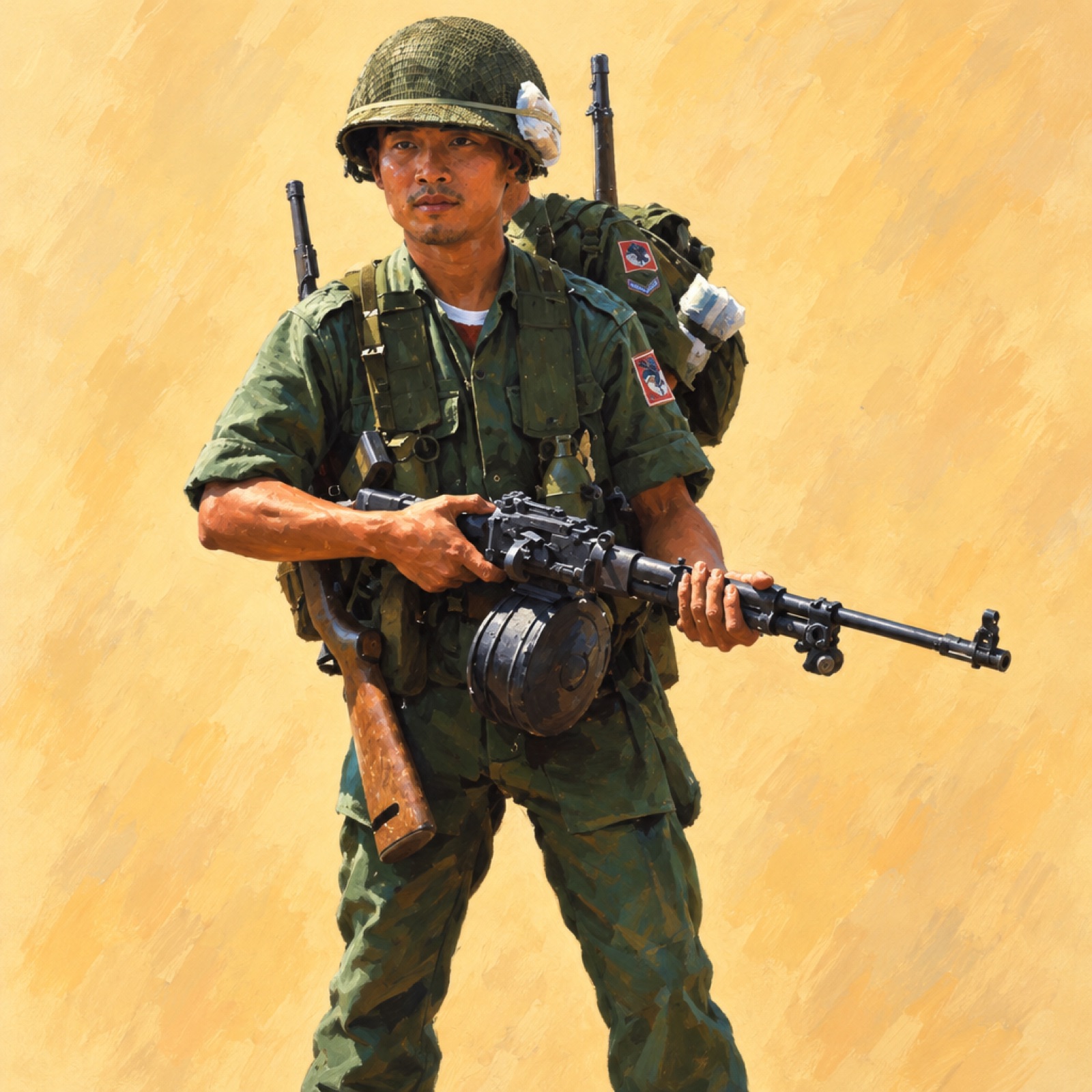 鹵獲したRPD機関銃を持つ南ベトナム空挺兵、1968年5月7日のイラスト。