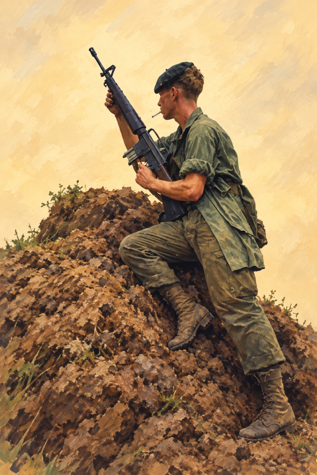 M16小銃を持ち、サイゴン南西で身を隠す第25歩兵師団兵士のイラスト、1968年5月29日。