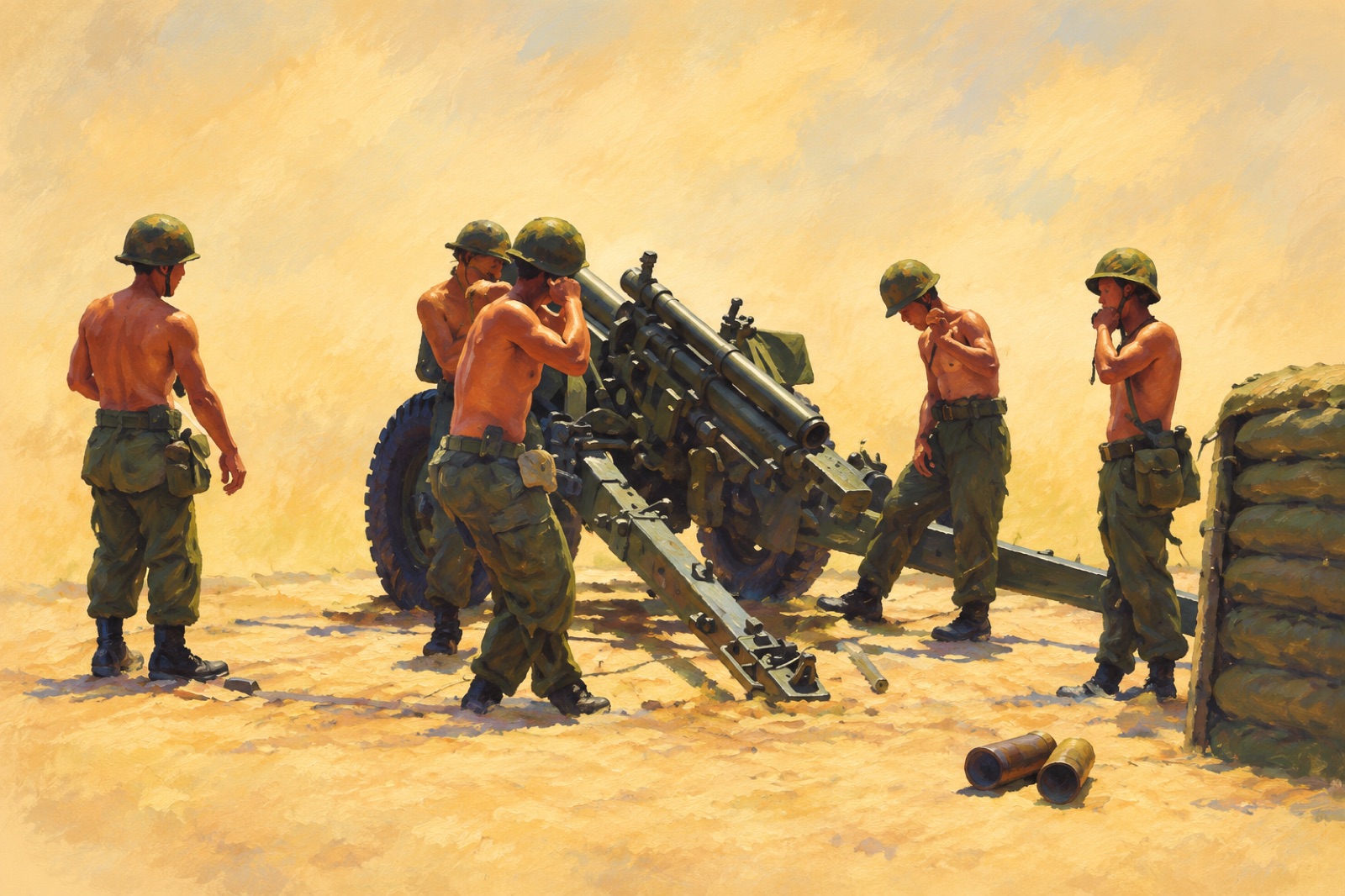 クイニョン近郊で105ミリ榴弾砲を撃つ韓国軍猛虎師団砲兵のイラスト、1968年8月24日。