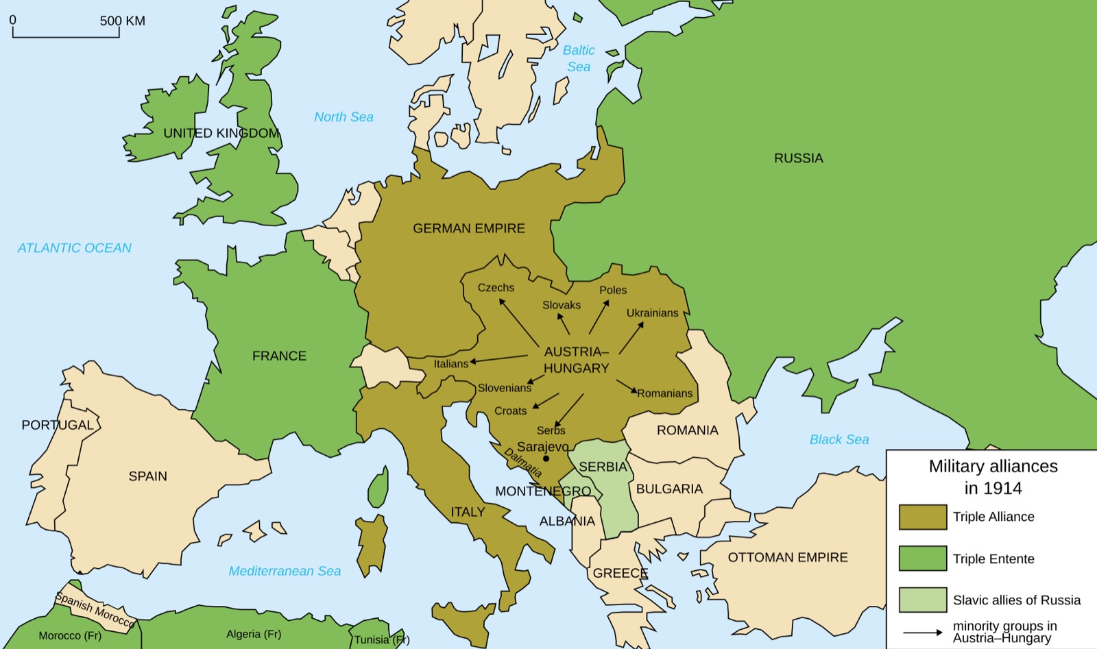 1914年のヨーロッパ地図。三国協商、三国同盟、中立国が色分けされています