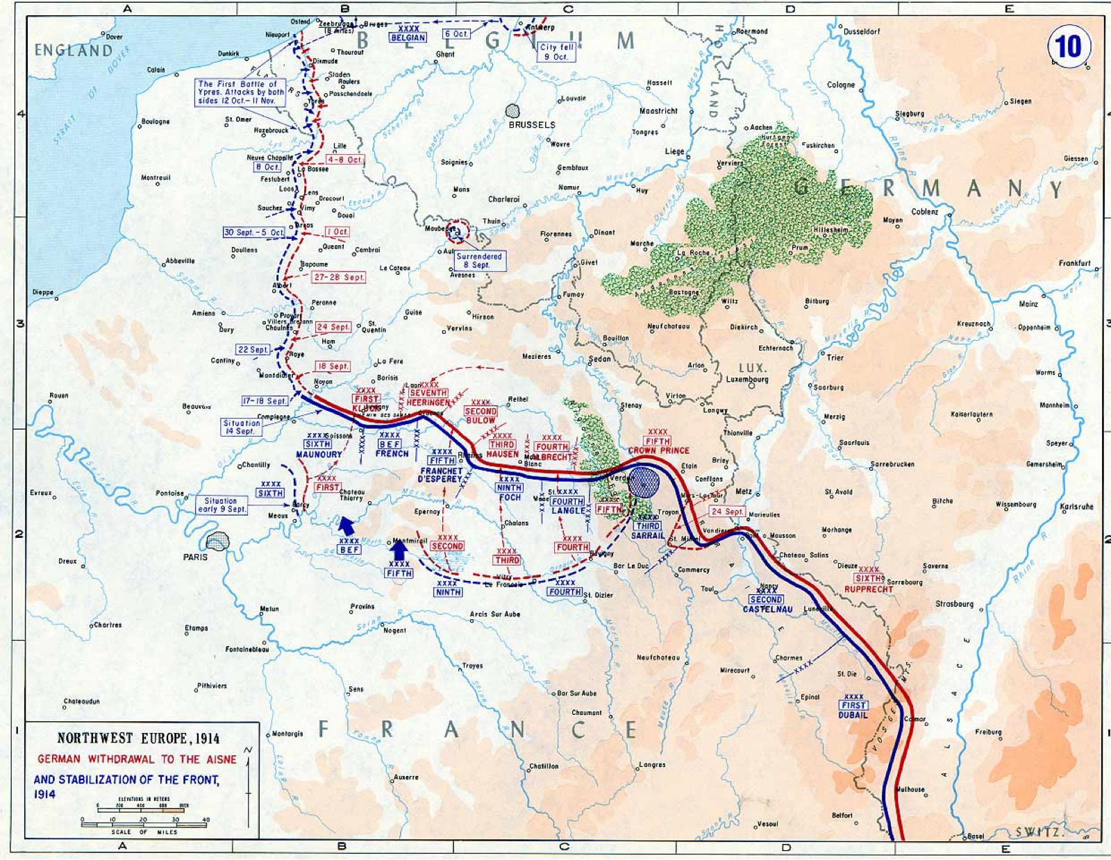 1914年の西部戦線の地図。ドイツ軍のベルギー経由の進撃と連合軍の戦線を示しています