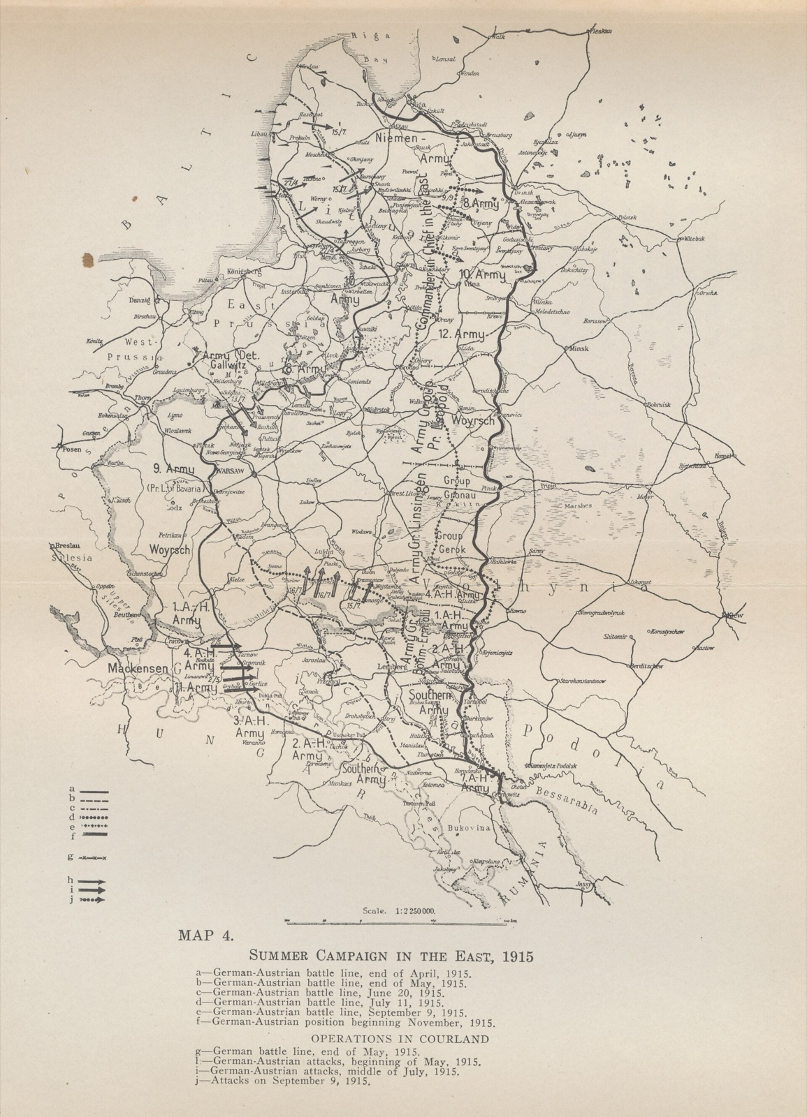 1915年の東部戦線の地図。ドイツとオーストリア=ハンガリーがロシアと戦った戦線です