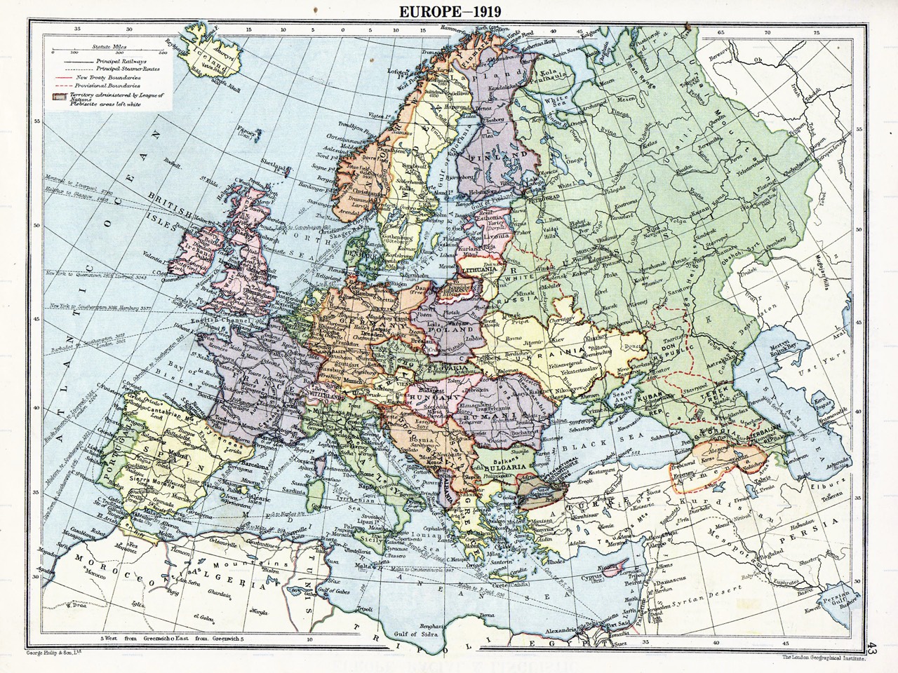 ブレスト=リトフスク条約とヴェルサイユ条約のあとの1919年のヨーロッパ政治地図。新しい国々を示しています