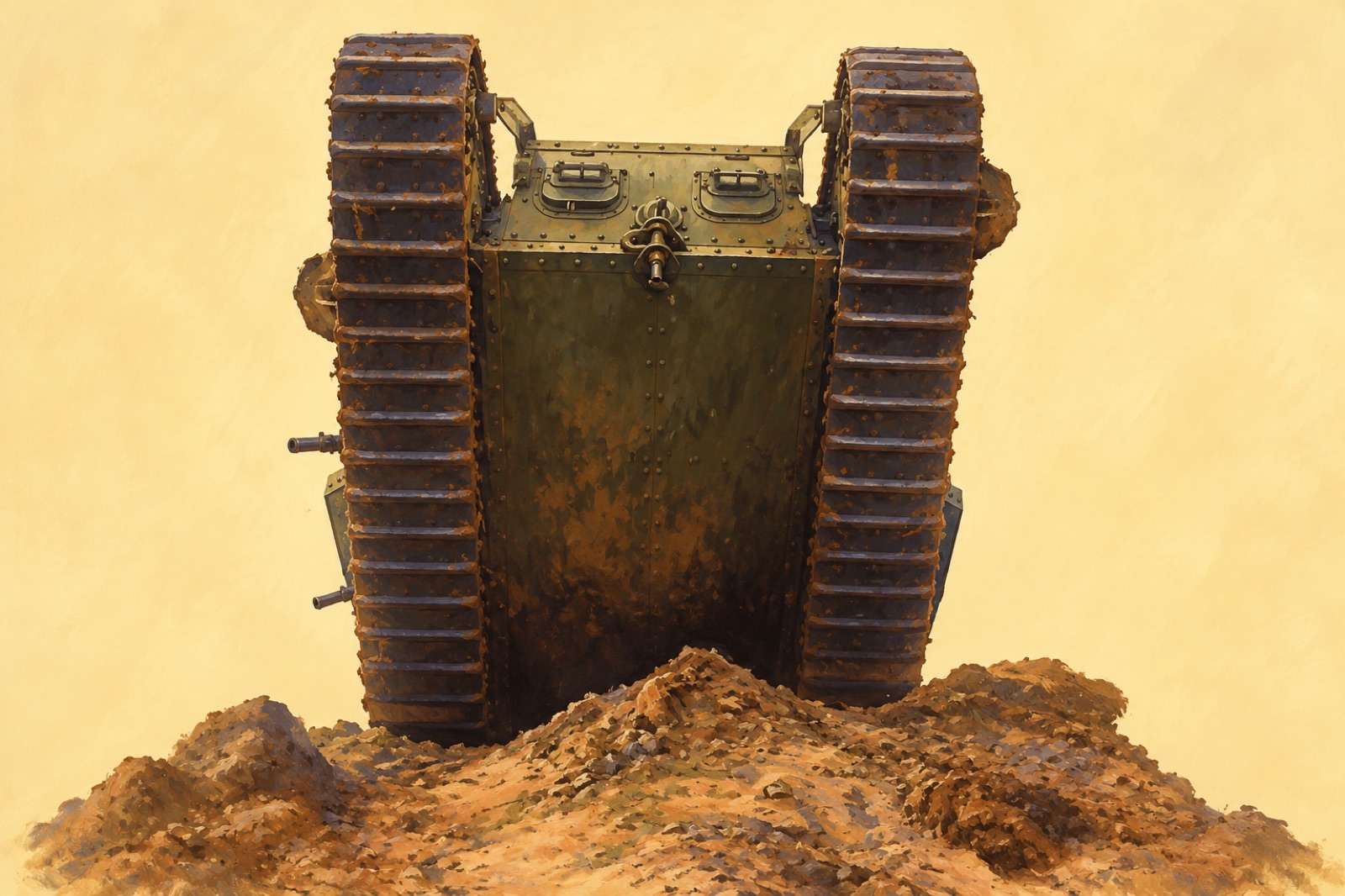 A British Mark IV tank at Wailly, seen from the German side, during the Battle of Cambrai, 1917 (illustration)
