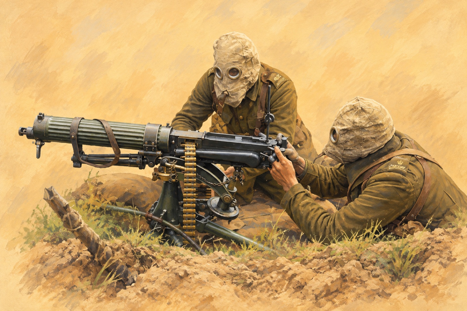 British Vickers machine gun crew in anti-gas helmets near Ovillers, July 1916 (illustration)