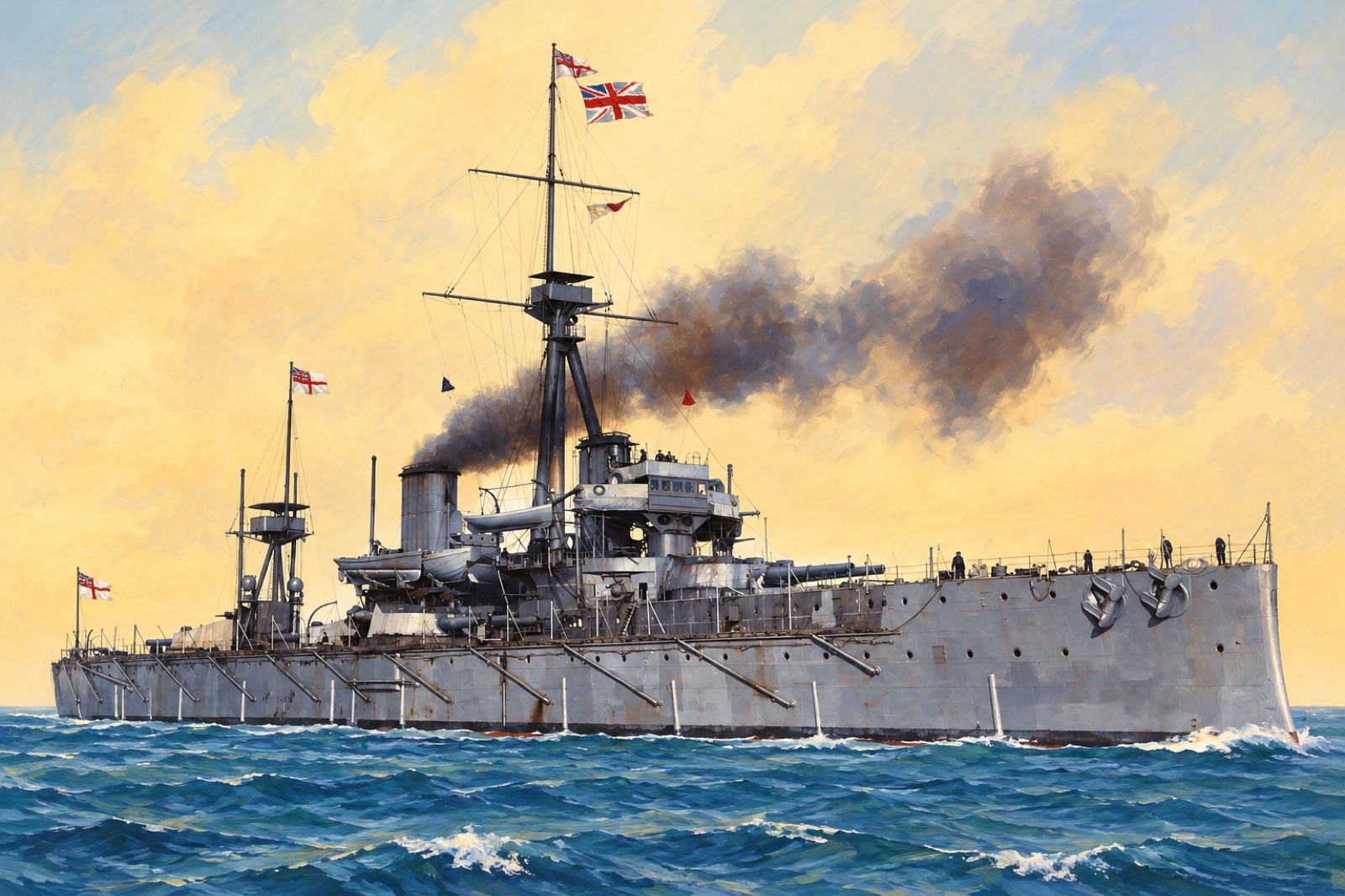 The British battleship HMS Dreadnought in harbour with flags flying, about 1906–07 (illustration)