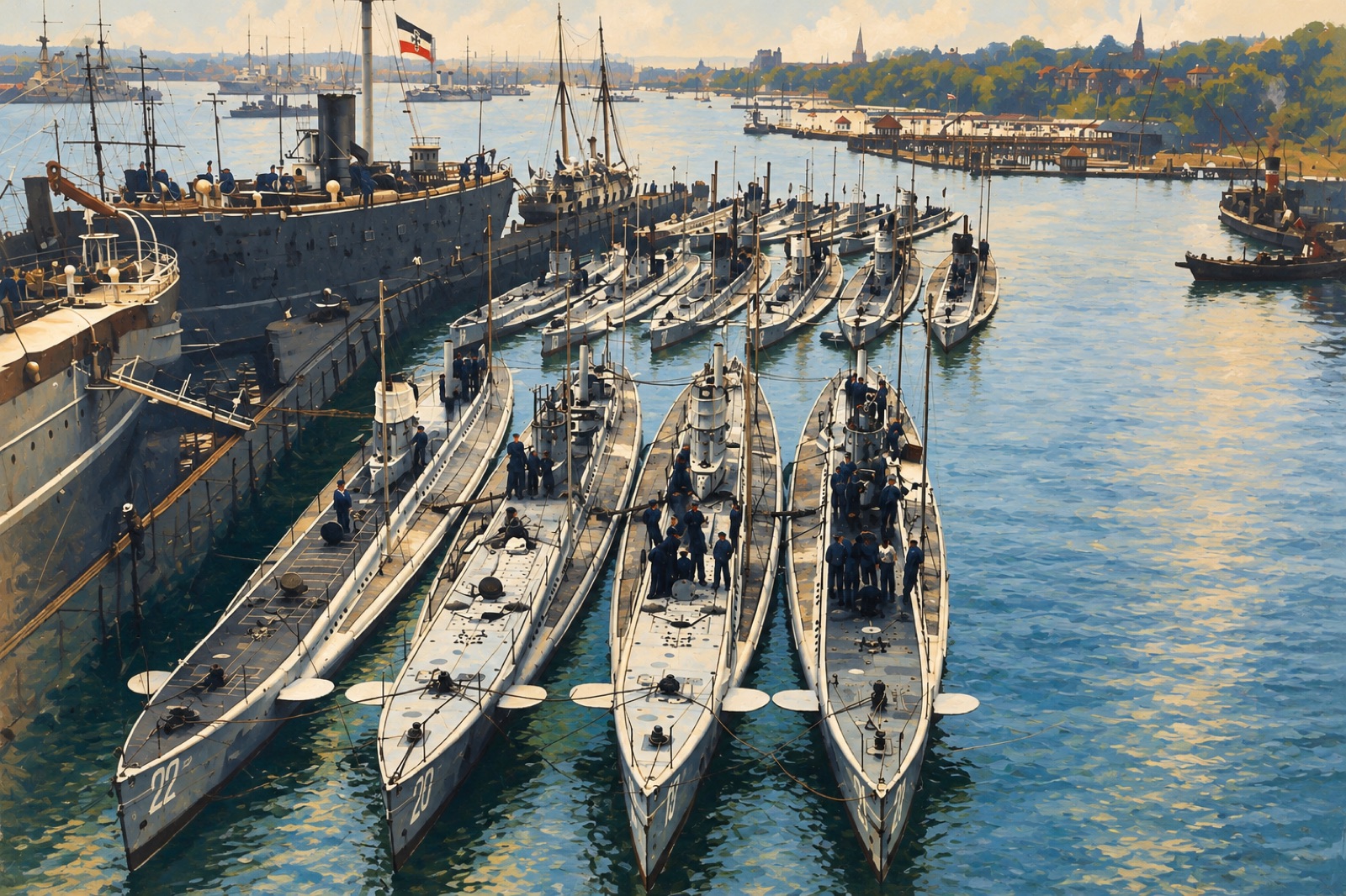 German submarines U 22, U 20, U 19 and U 21 moored at Kiel in February 1914 (illustration)