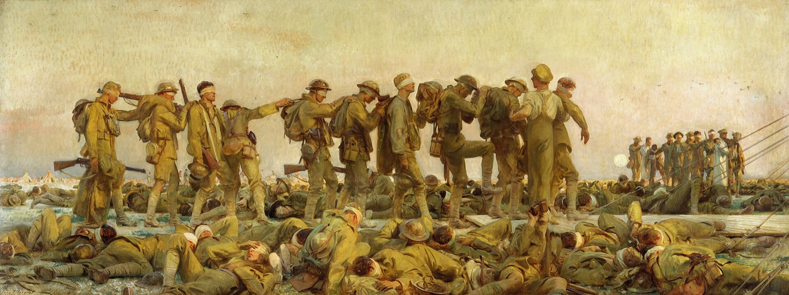 Painting of a line of gassed British soldiers with bandaged eyes, each holding the shoulder of the man ahead